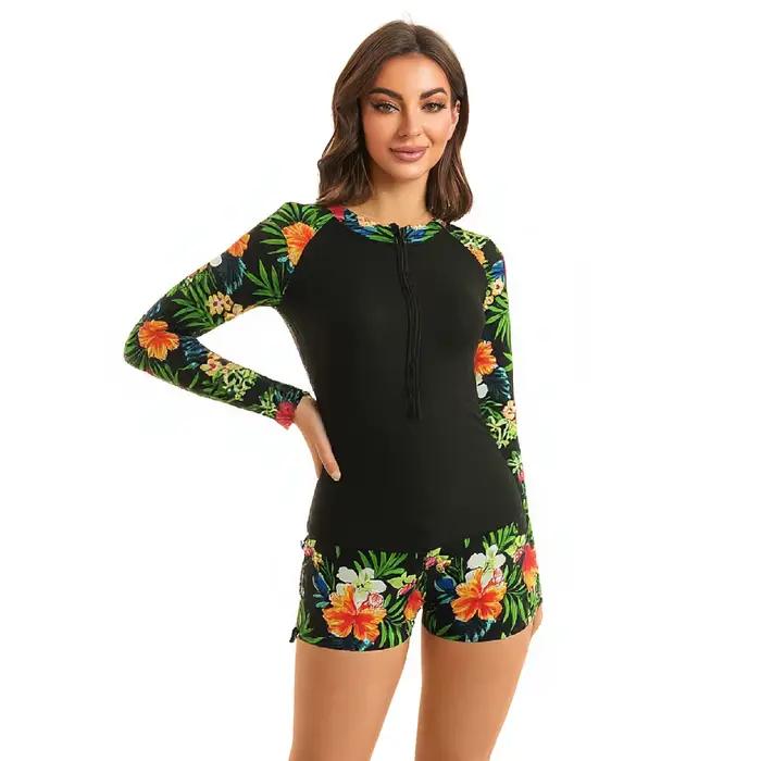 Nouvelle Collection : Maillot de Bain Deux Pièces Femme Manches Longues Anti-UV Taille Haute Élastique en Polyester – Protection Solaire Optimale