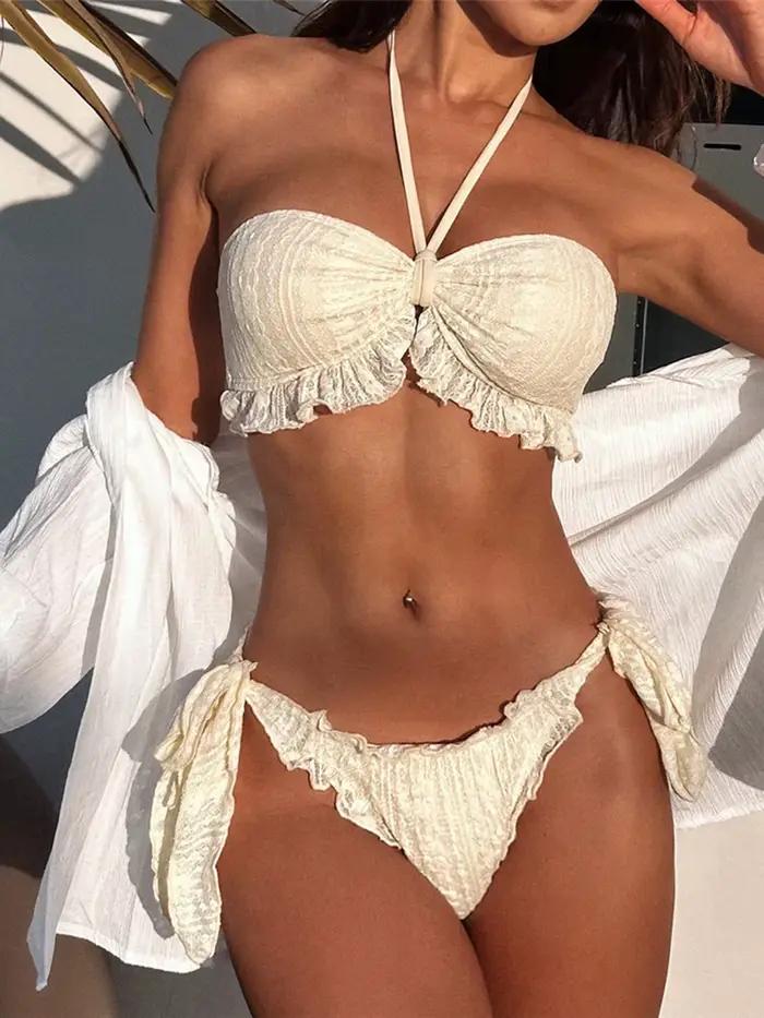 Bikini Halter à volants en dentelle pour femmes, maillot de bain rembourré, ensemble deux pièces K8155