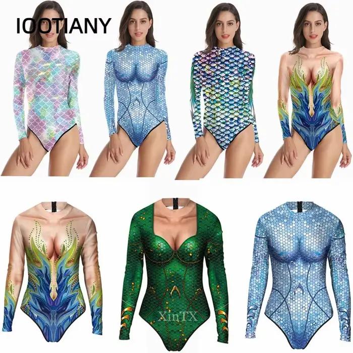 Maillot de bain une pièce à manches longues pour femme adulte, sirène, impression 3D, cosplay costumes, baignade, plages, événements spéciaux