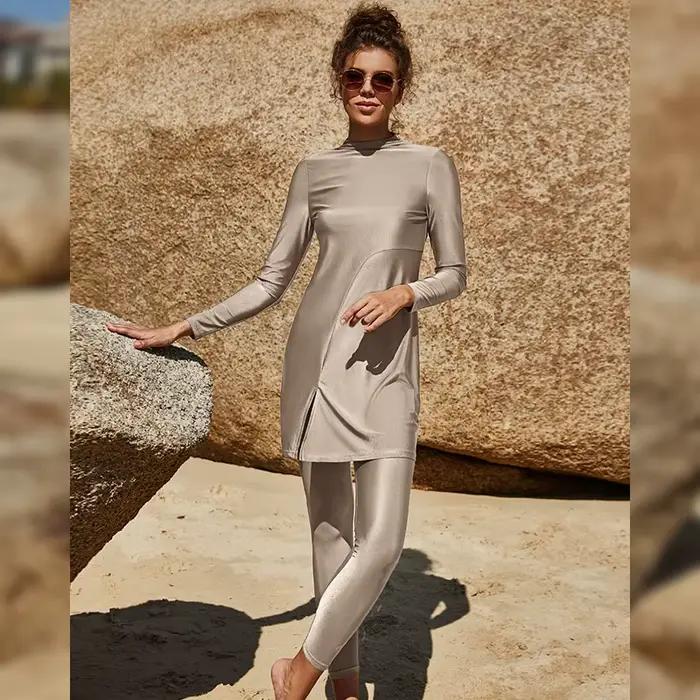 2 pièces/ensemble couleur unie islamique musulman maillot de bain Burkini pour femmes dames ensemble de natation