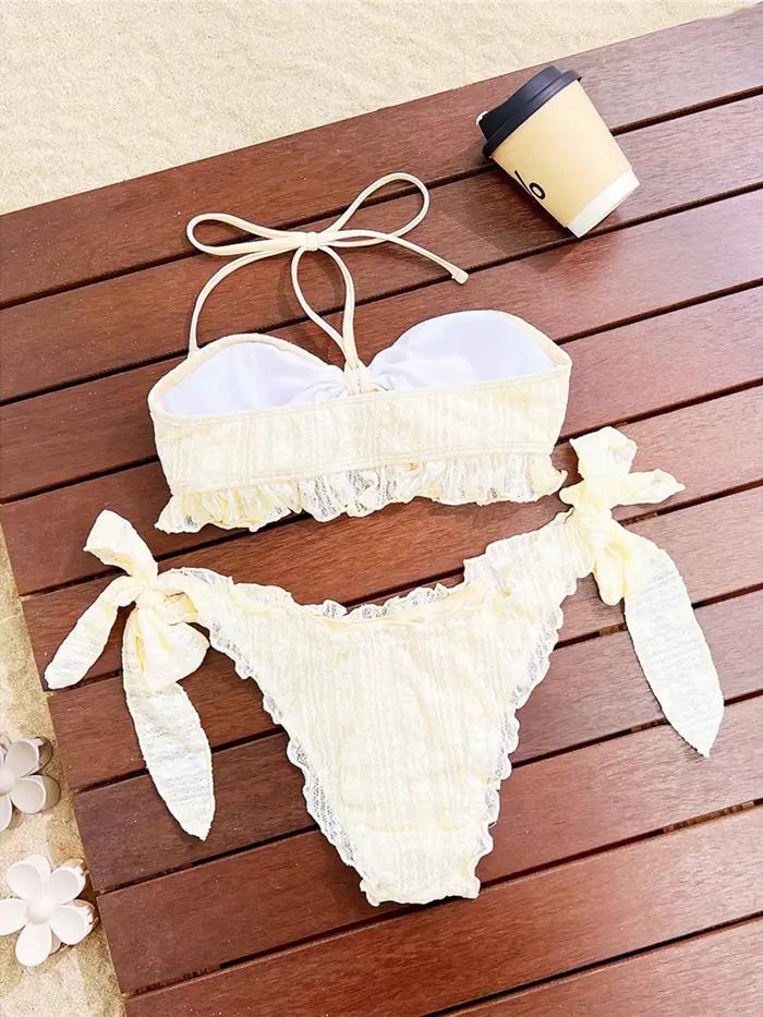 Bikini Halter à volants en dentelle pour femmes, maillot de bain rembourré, ensemble deux pièces K8155