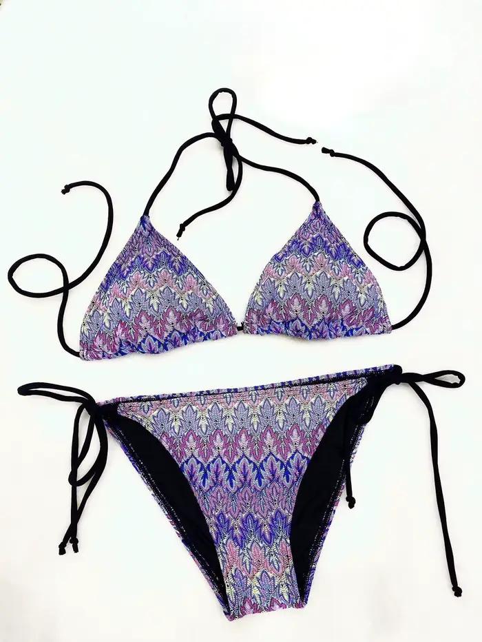 Micosoni Italie – Nouveauté Maillot de Bain Femme Tendance Été – Ensemble Bikini Taille Basse Tricoté Contrastant Rayé