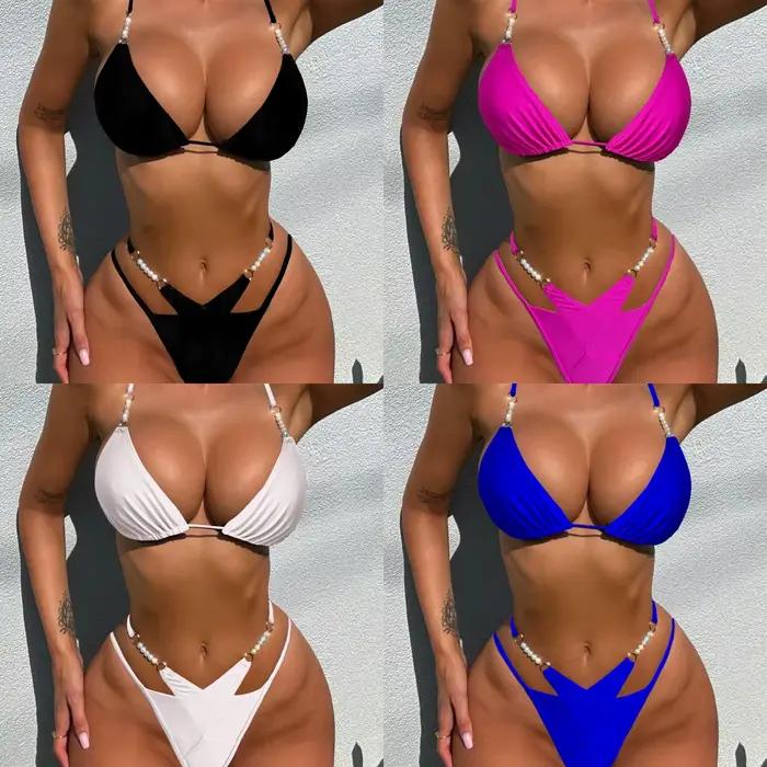 Femmes Sexy Bikini fausse perle maillot de bain solide Trikini brésilien Bikinis ensemble féminin maillots