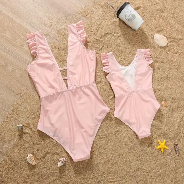 Tenues Assorties Mère et Fille Été 2026 – Maillot de Bain Une Pièce Femme et Fille à Volants, Taille Haute, Idéal Vacances et Plage