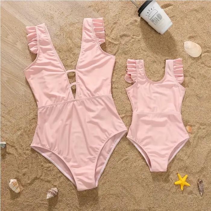 Tenues Assorties Mère et Fille Été 2026 – Maillot de Bain Une Pièce Femme et Fille à Volants, Taille Haute, Idéal Vacances et Plage