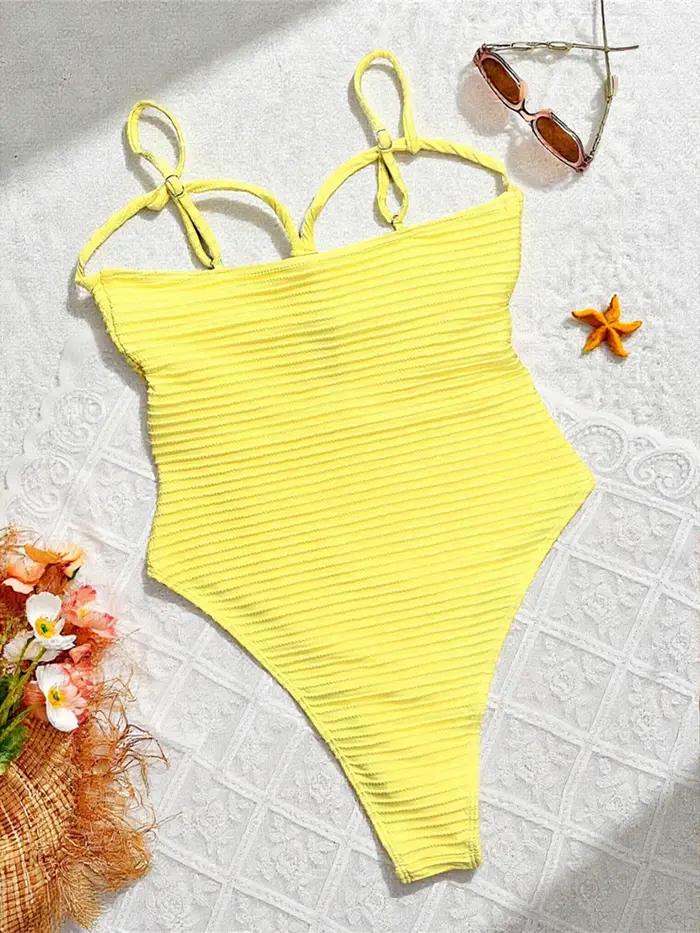 Maillot de bain une pièce jaune sexy côtelé à découpes