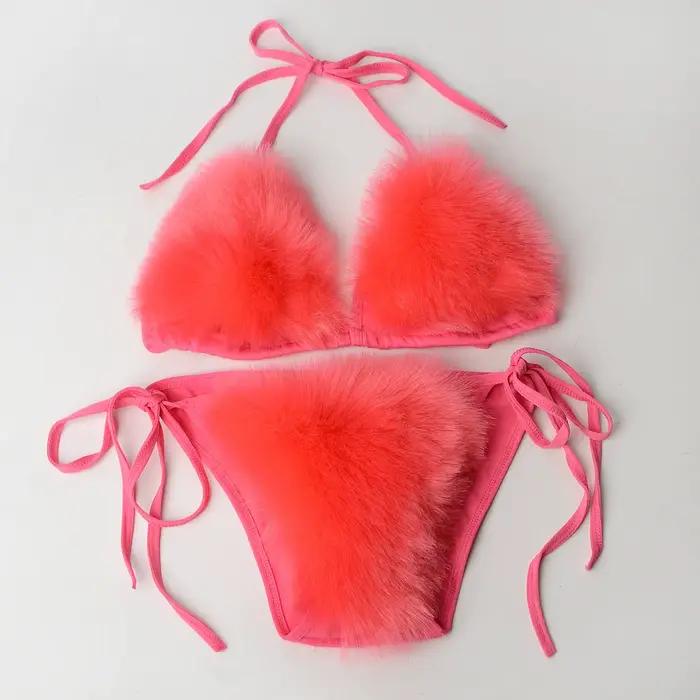 Maillot de bain deux pièces en fausse fourrure de renard pour femmes