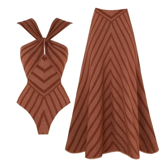 2 pièces maillot de bain rayé avec jupe longue Sexy femmes Bikini