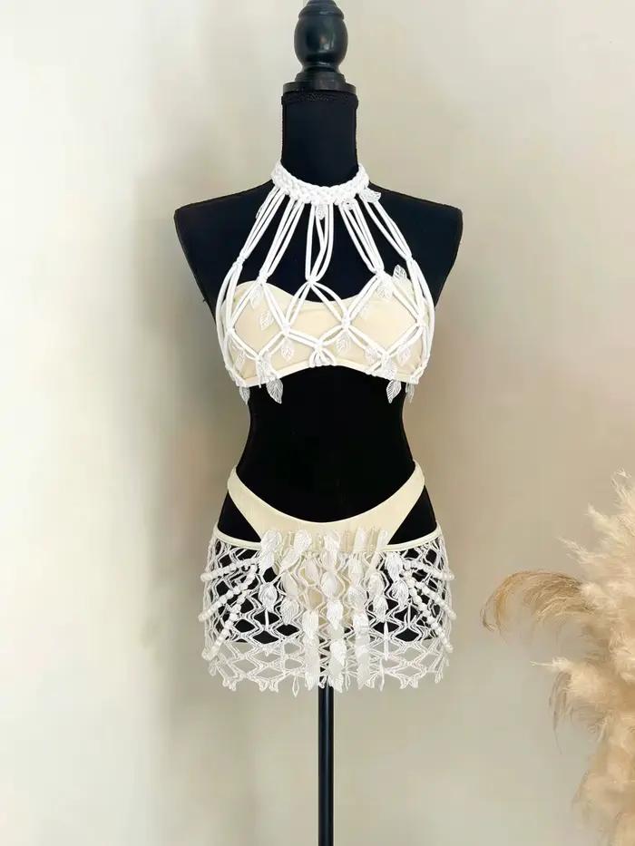 Sexy haute Nick Bikini femmes perles 3 pièces maillots de bain jupe soutien-gorge Mini