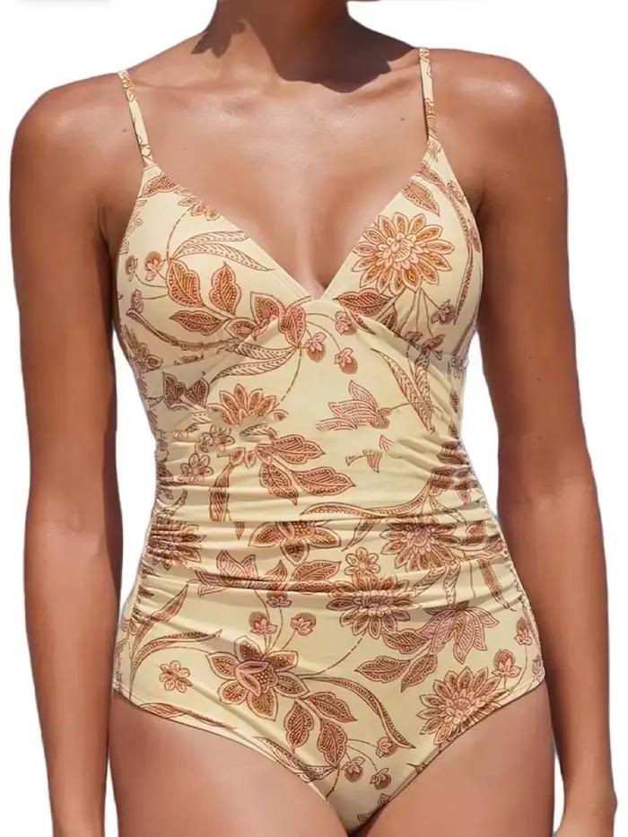 Nouveau maillot de bain une pièce féminin plissé col en V solide pour nager et plage occasions estivales