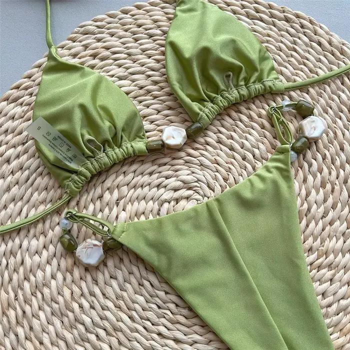 Ensemble de bikini Daxiyee vert uni sexy licou triangle perle string bikini mini micro string maillot de bain femme pour plage vacances et sports nautiques