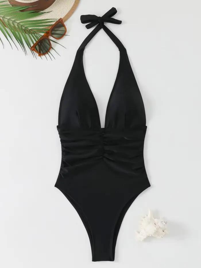 Maillot de bain une pièce sexy pour femmes avec col licou, plongeant, dos nu, polyesters et élasthanne pour nageurs, plage et activités estivales