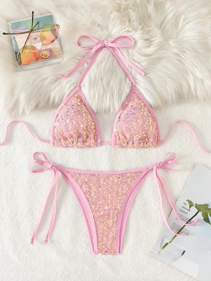 Noir Paillettes Brillantes Bikini Ensemble Femmes Push Up Soutien-gorge Triangle Maillot de Bain Plage Occasions Spéciales
