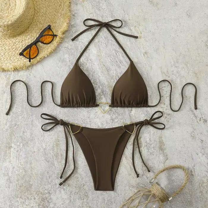 Ensemble de bikini sexy avec ornement en forme de cœur en métal 2026 Femmes Bleu Rose Halter Push Up Bra Thong Maillot