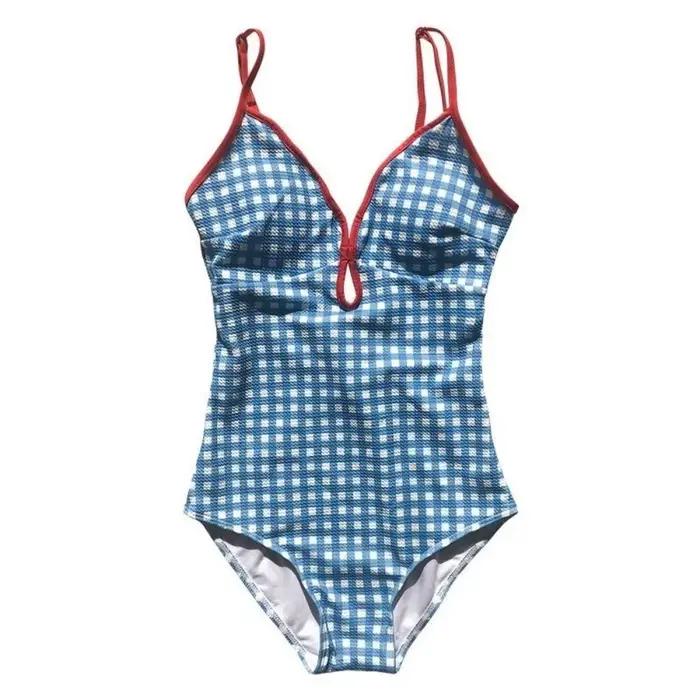 Maillot de bain une pièce polyester carreaux col en V pour femmes plage été ocassions spéciales