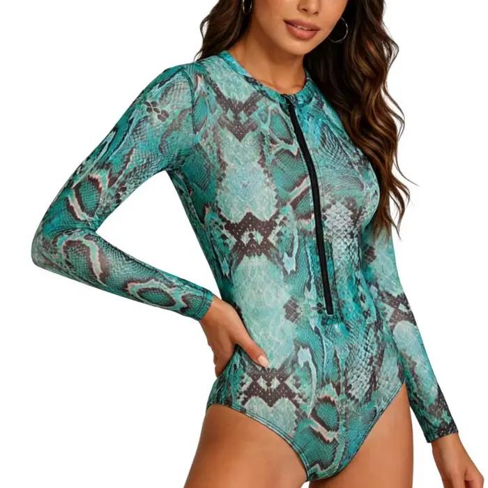 Maillot de bain une pièce à manches longues imprimé serpent turquoise