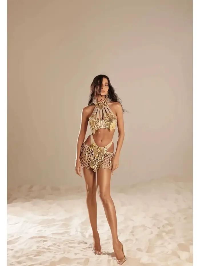 Sexy haute Nick Bikini femmes perles 3 pièces maillots de bain jupe soutien-gorge Mini