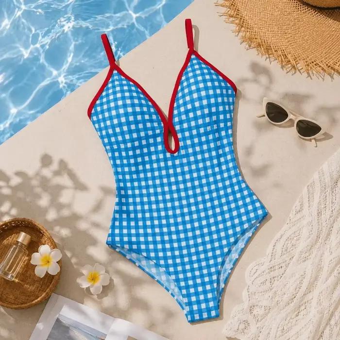 Maillot de bain une pièce polyester carreaux col en V pour femmes plage été ocassions spéciales