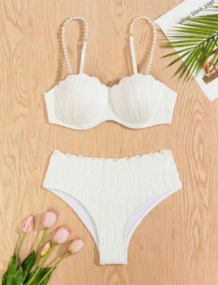 Sexy blanc noir Bikini ensemble 2025 femmes perles sangle volants Push Up taille haute maillot de bain plage