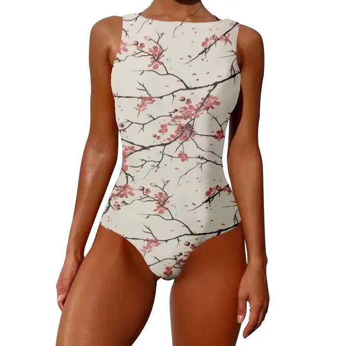 Maillot de bain une pièce forêt pin fleur de cerisier imprimé taille haute contrôle du ventre maillots