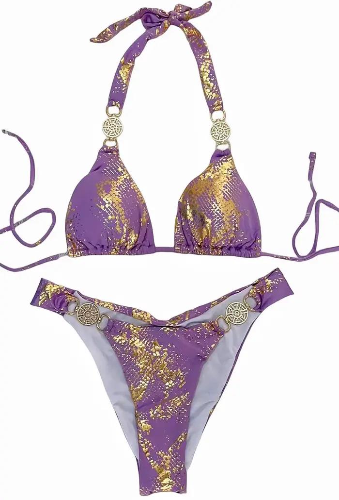 Peau de serpent imprimé licou diamant Bikini ensemble 2024 strass femmes maillots de bain