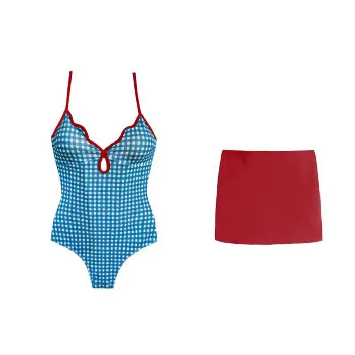 Maillot de bain amincissant à carreaux avec jupe à bords festonnés et dos nu ensemble bikini bleu frais tenue de plage vert armée jeunes femmes style moderne ocassions spéciales