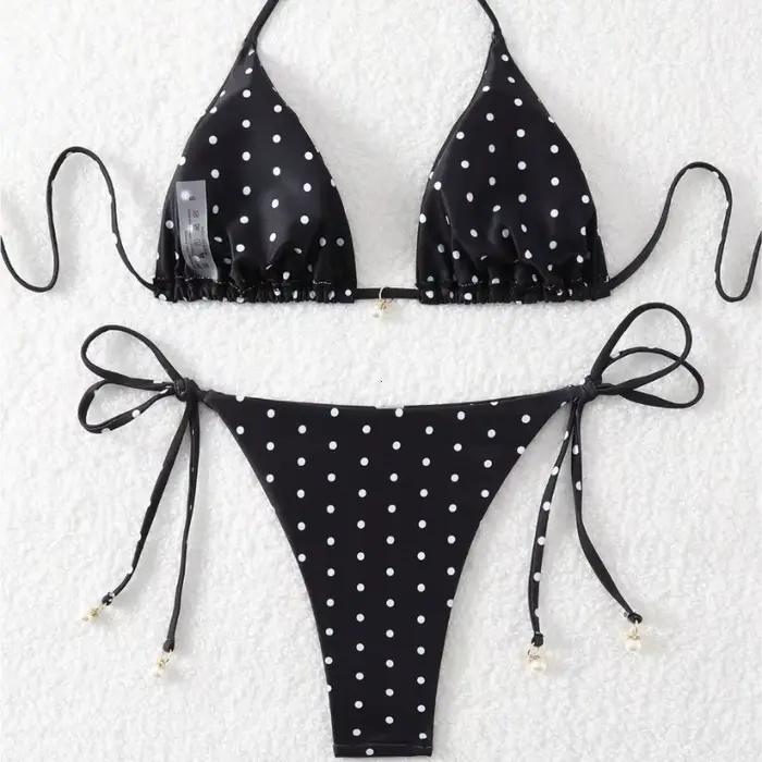 Nouveau Maillot de Bain 2 Pièces à Pois 2026 pour Femme – Ensemble Bikini Sexy Noir et Blanc Style Américain