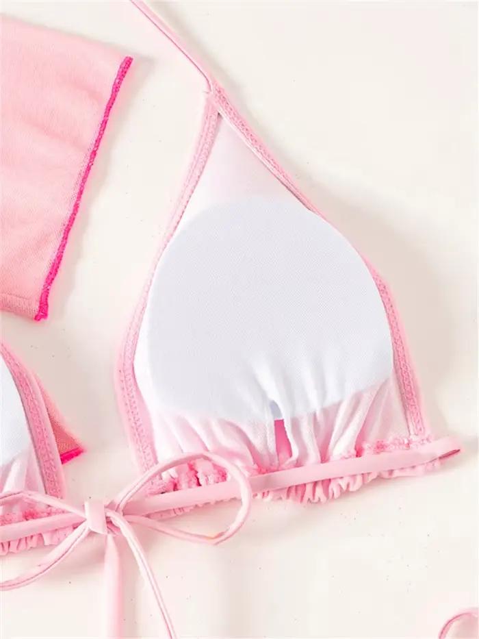 Bikini femme rose sexy à bretelles avec manches courtes et lettres, ensemble de plage estivale haut de gamme pour femmes occasions spéciales