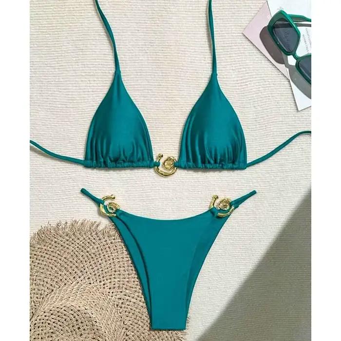 Métal Micro Bikini maillots de bain femmes Sexy à lacets Triangle licou coupe haute string