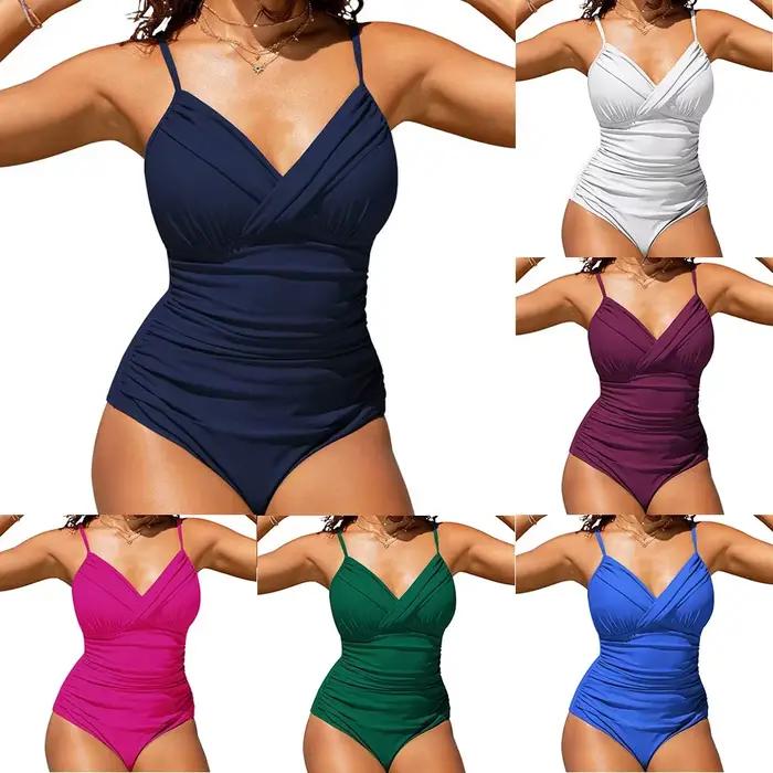 Maillot de bain une pièce sexy couleur unie plissé croisé moulant tendance et monochromatique pour femmes occasions spéciales泳裤部分保持原文不变,仅翻译最后的标题部分: ###TITRE### 热销女士单件泳衣无痕修身性感款式泳池海滩必备泳装