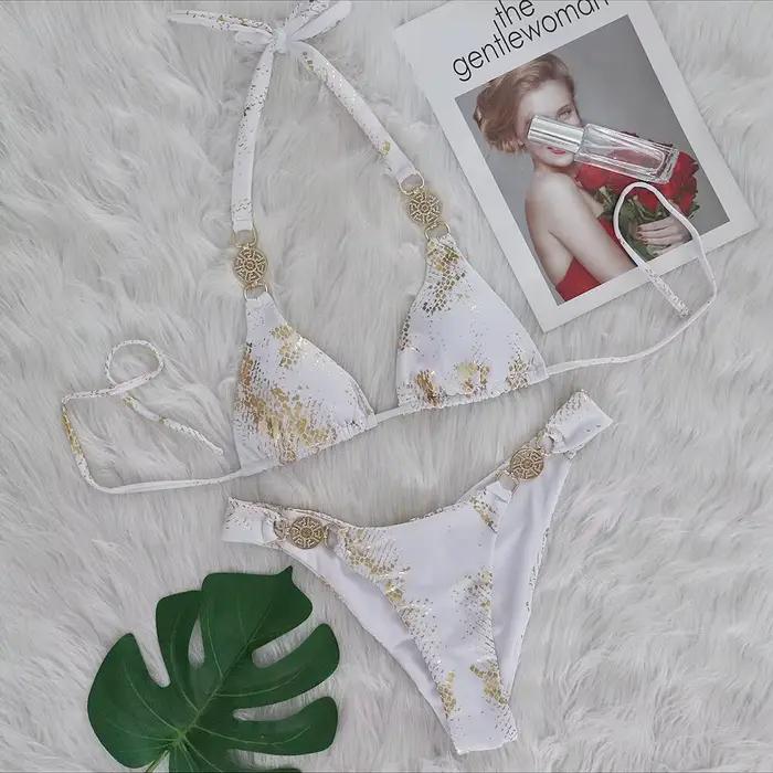 Peau de serpent imprimé licou diamant Bikini ensemble 2024 strass femmes maillots de bain