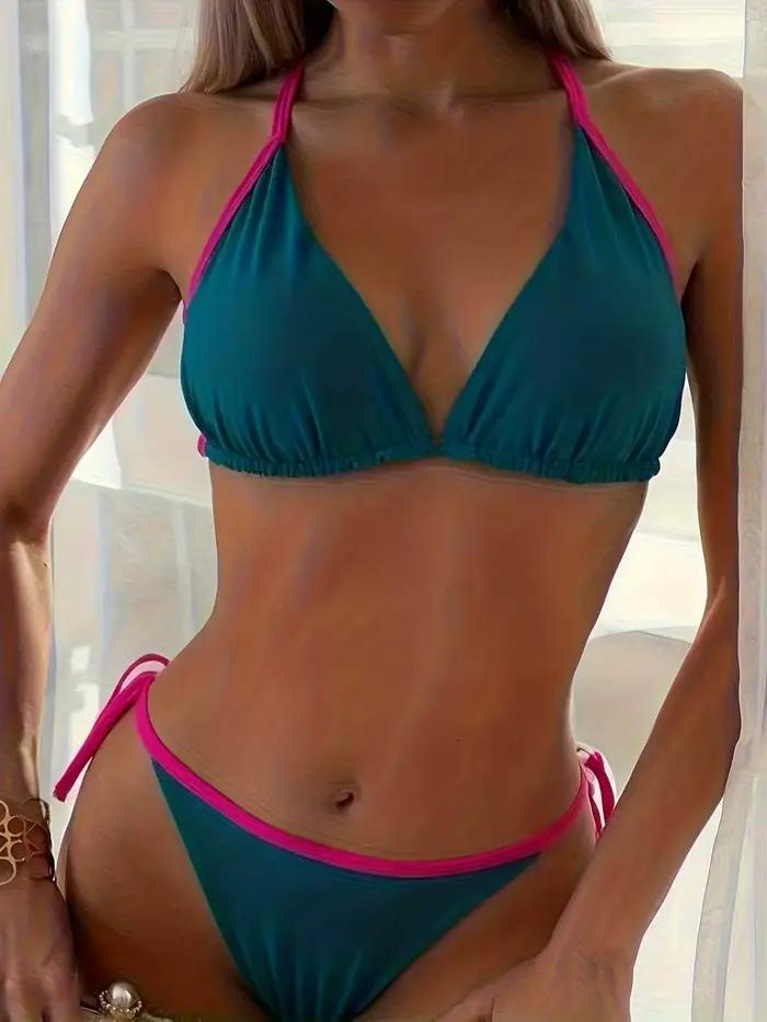 Ensemble Bikini Femme 2026 Été Bleu Teal Rose Vif Bordure Contrastante Halter Triangle Liens Latéraux Maillot de Bain Sexy pour Vacances à la Plage
