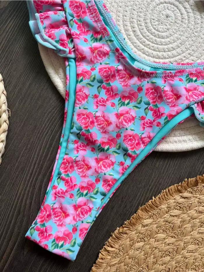 Maillot de bain 2 pièces imprimé fleuri à volants sexy triangle sans bretelles dos nu culotte tanga plage nouveau style été 2024