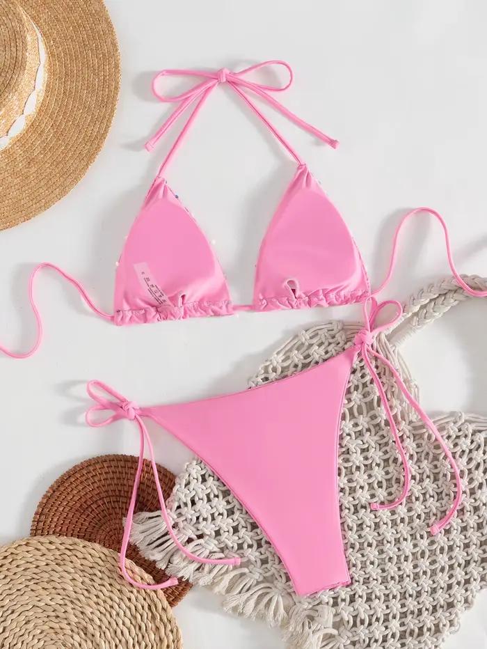 Bikini Rose à Paillettes Brillantes 2026 Femme Taille Basse Push-Up String à Nouer Plage Mariage Vacances Soirées Piscine