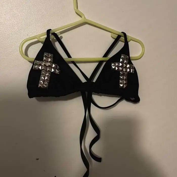 Maillot de bain junior Y2K style punk gothique avec strass pour femmes motif géométrique ensemble de bikinis sans fil polyester élasthanne occasions plage festival soirée