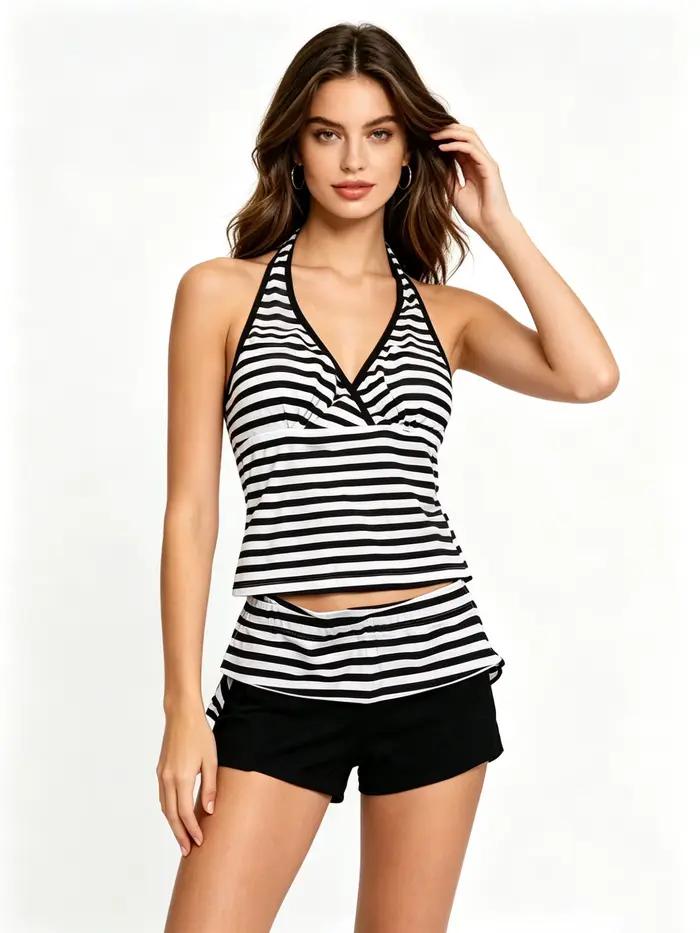 Maillot de bain tankini rayé pour femme ensemble 2 pièces col en V avec bas de maillot de bain shorty été 2026 ajustement mince style y2k