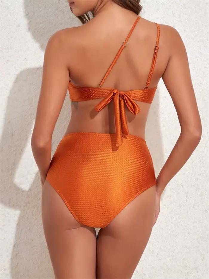 Nouveau Maillot de Bain Une Pièce Femme Orange Uni Épaule Dénudée Jupe Évidée Ensemble