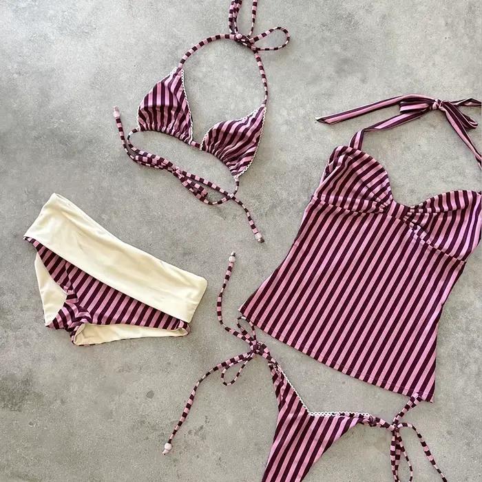 Maillot de bain bikini rayé deux pièces avec paréo, ensemble micro bikini short pour femme