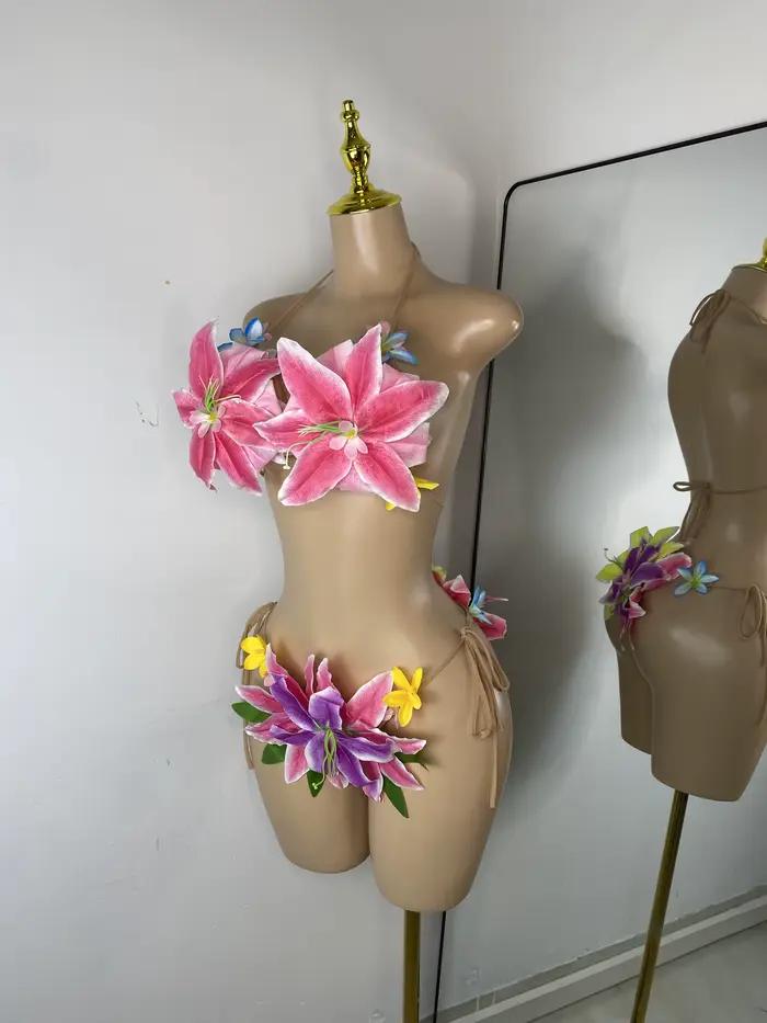 Femmes Sexy Tropical à la main fleur à la mode Bikini deux pièces Transparent Floral maillot de bain tenue de plage danseur Performance Costume