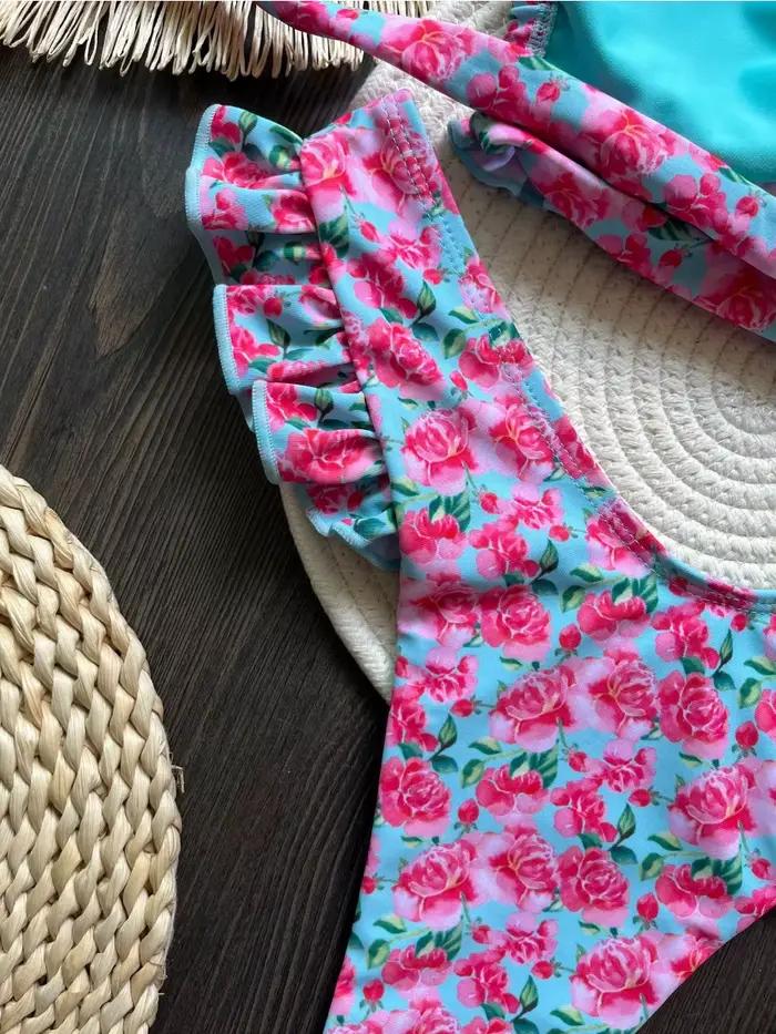 Maillot de bain 2 pièces imprimé fleuri à volants sexy triangle sans bretelles dos nu culotte tanga plage nouveau style été 2024