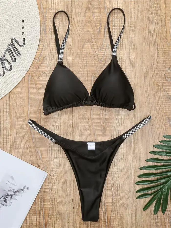 Diamant maillots de bain femmes 2025 Sexy rose Micro Bikini brésilien noir strass string