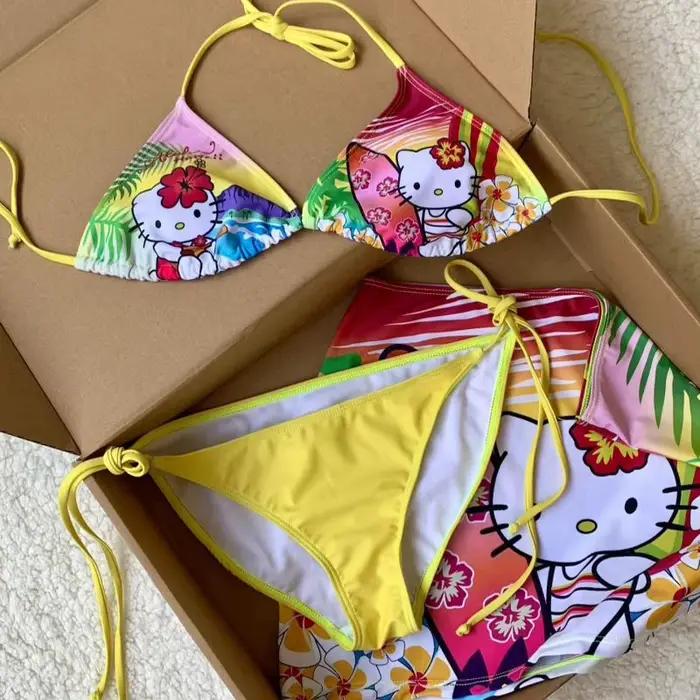 Maillot de bain Hello Kitty Kawaii Y2K pour filles ensemble bikini sexy pour femme tenue de plage hawaïenne années 2000 junior femmes coton polyester sanrio