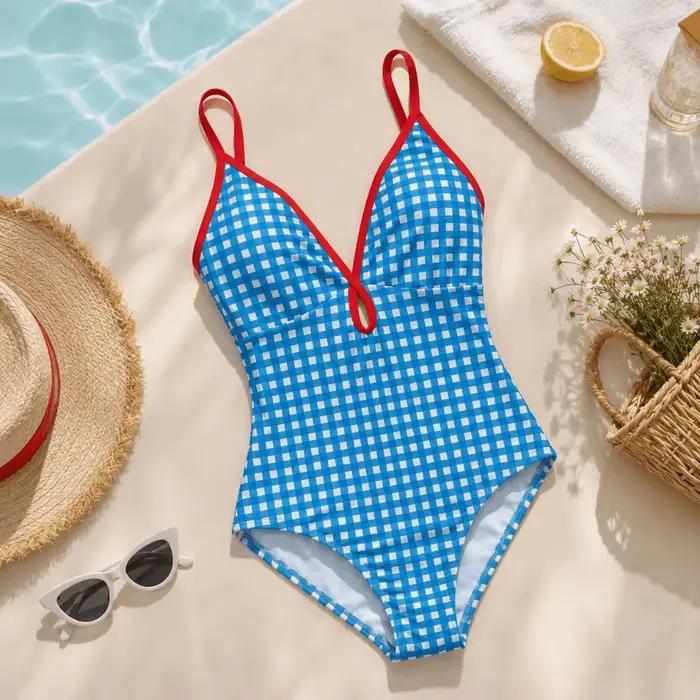 Maillot de bain une pièce polyester carreaux col en V pour femmes plage été ocassions spéciales