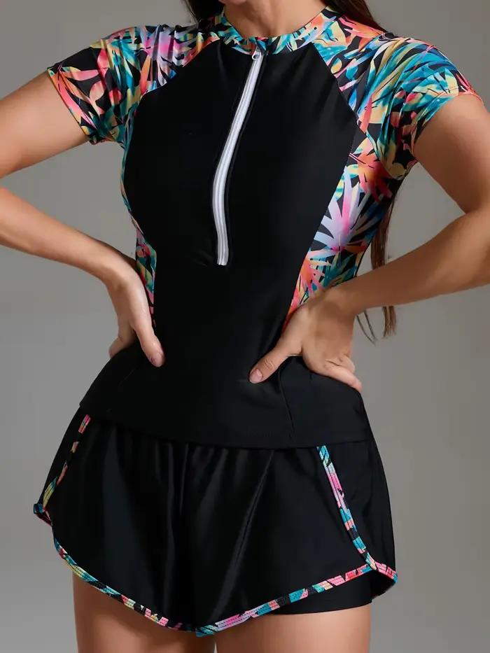 Maillot de bain sportif deux pièces pour femme 2026 avec fermeture éclair et imprimé – Tenue de surf et de plongée pour femmes