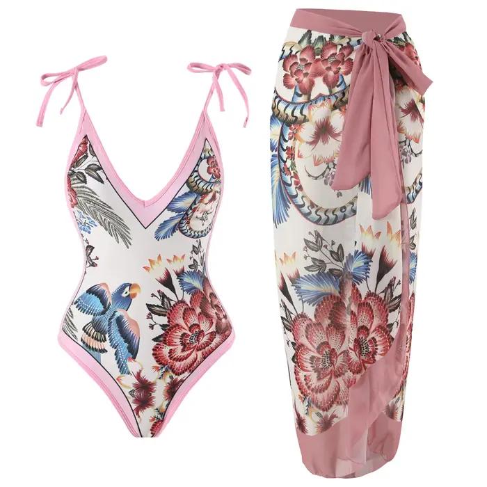 Maillot de bain une pièce avec jupe, sexy, imprimé oiseau et fleur, pour femmes, body, baigné, plage, piscine, 2024