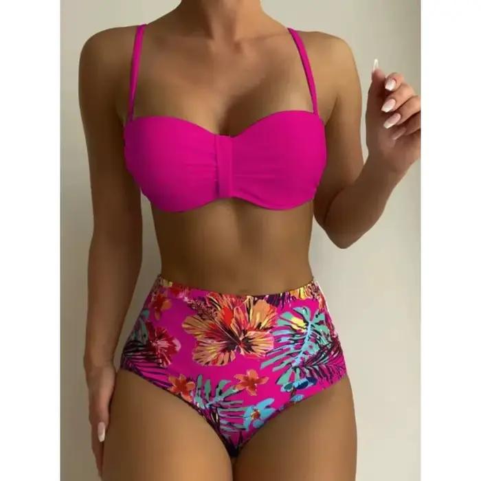 Sexy Bandeau Bikini femmes maillot de bain impression florale taille haute Bikinis ensemble femme été natation maillots