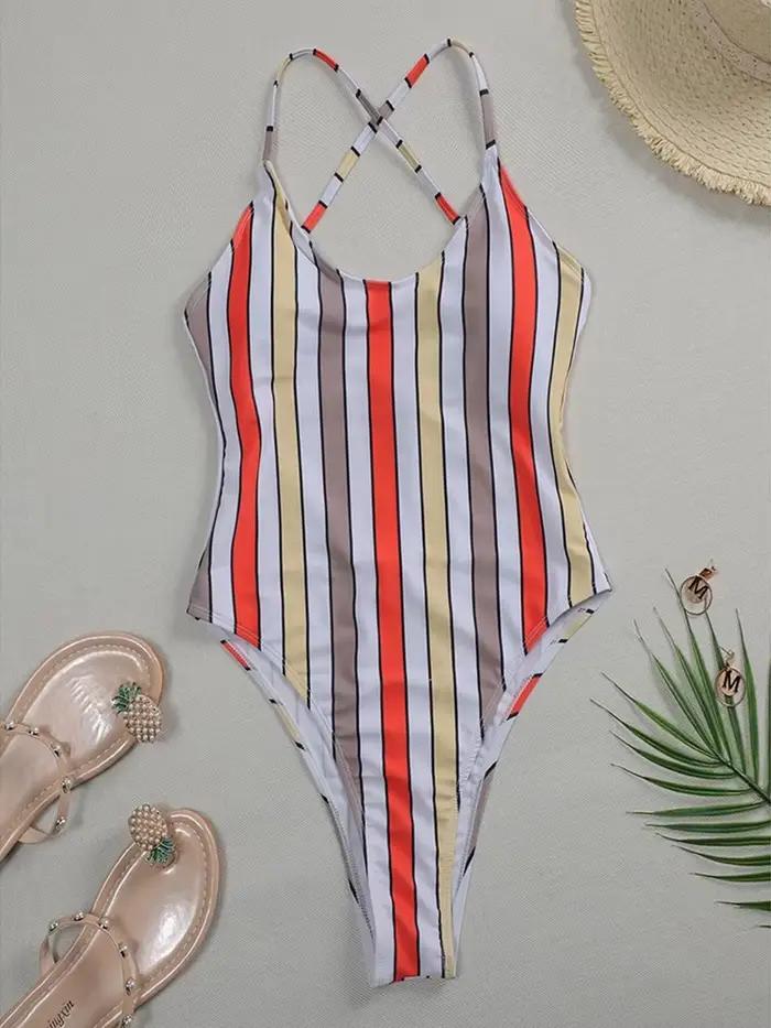Maillot de Bain Une Pièce ZerZerOne Rayé Pour Femme Occasions Plage NageSexy Col Suspendu Polyester