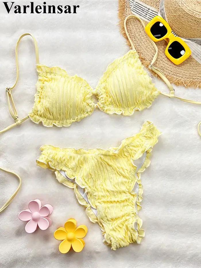 Bikini froissé à volants pour femme, ensemble deux pièces style brésilien, col triangulaire, polyester et élasthanne, pour plage, vacances, fête à la piscine, sports nautiques, croisière
