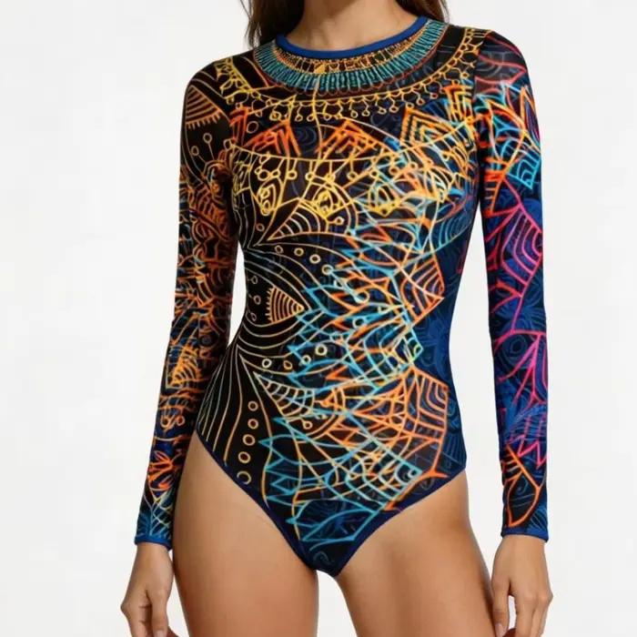 Nouveau maillot de bain une pièce pour femme imprimé élégant et sexy à manches longues avec couvre-poitrine protection solaire tissu maillé polyesterOptionsResolver