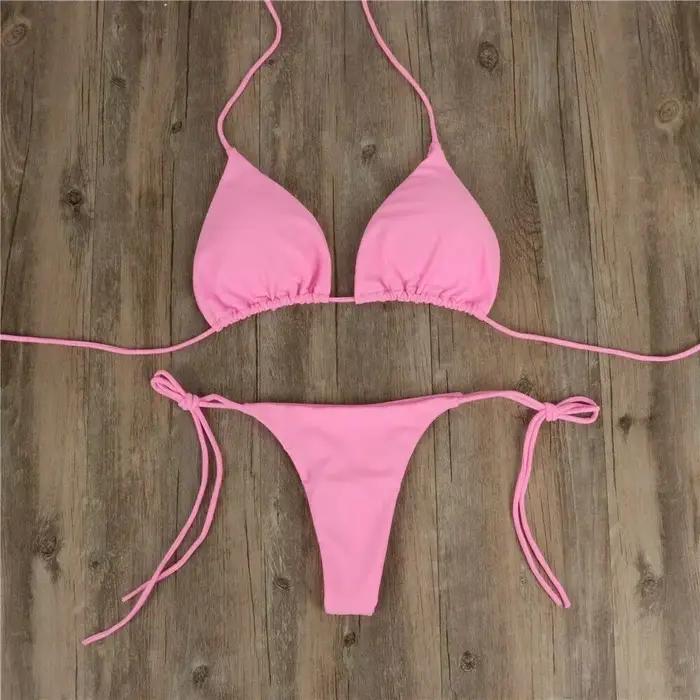 Maillot de bain rose Bikini femmes couleur unie Sexy jambe haute string maillots